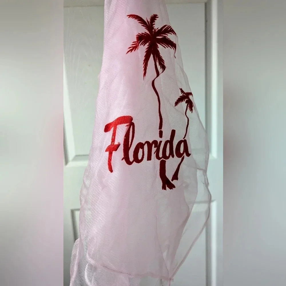Vintage Scarf- Pink Florida Souvenir Retro 50s 60s nylon- Flocked- glittery